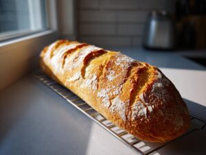 A freshly baked, golden-brown loaf of french bread with a crisp, scored crust dusted with flour, cooling on a wire rack near a window.