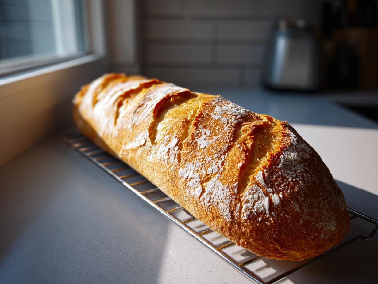 A freshly baked, golden-brown loaf of french bread with a crisp, scored crust dusted with flour, cooling on a wire rack near a window.