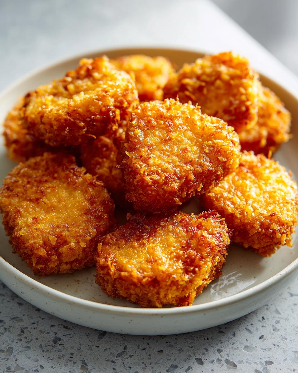 A close-up of several golden-brown, crispy homemade chicken nuggets piled on a light ceramic plate.
