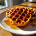 Two golden brown pumpkin waffles generously drizzled with dark maple syrup on a white plate.
