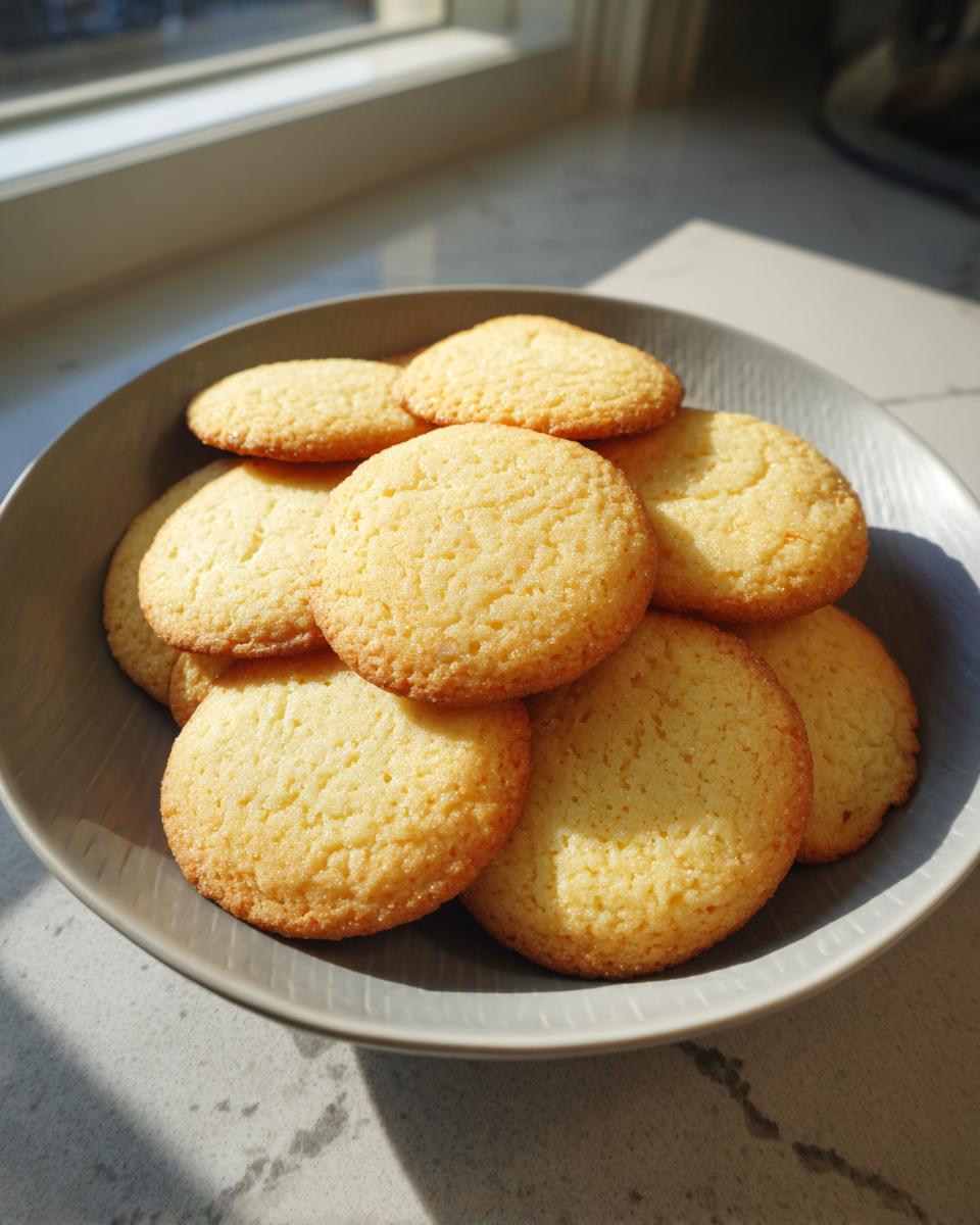 A bowl filled with perfectly round, golden brown sugar cookies, catching sunlight near a window.