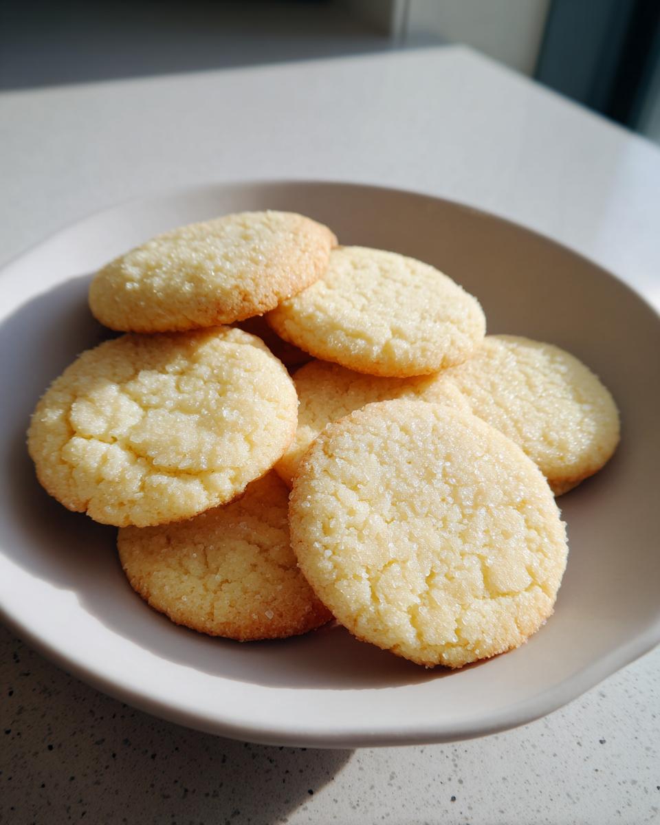A small stack of golden brown, slightly crinkled sugar cookies sprinkled with coarse sugar, resting in a light gray bowl.