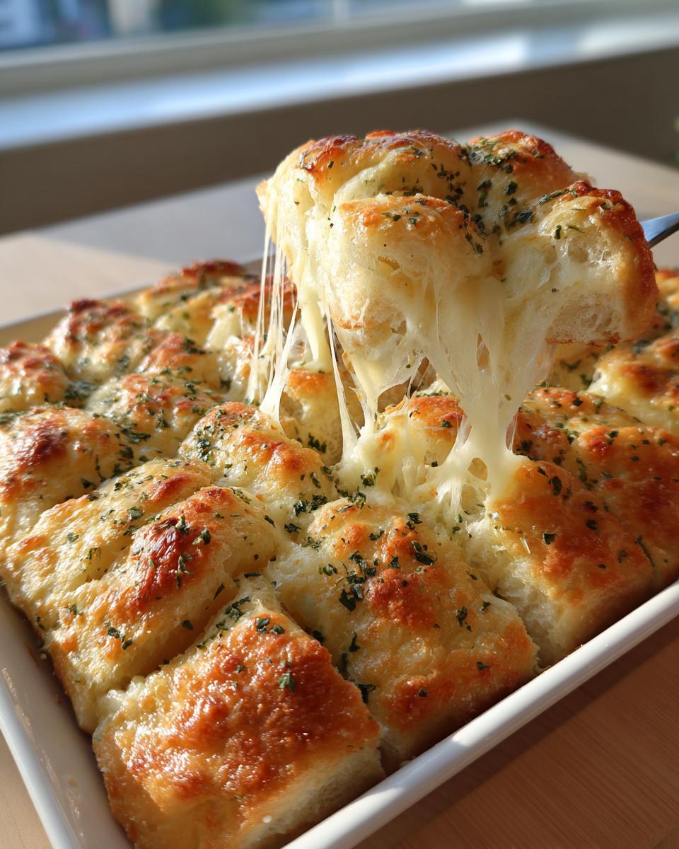 A piece of hot, gooey cheese bread is lifted from the pan, showing long cheese pulls. The cheese bread is topped with herbs.