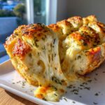 A close-up of amazing cheese bread being pulled apart, showing long, gooey cheese stretches and a golden, herbed crust.