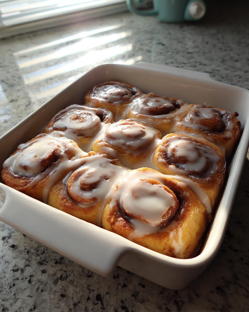 A white baking dish filled with gooey, freshly baked cinnamon roll bites topped with white icing.