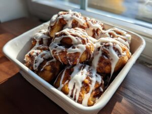 A close-up of freshly baked cinnamon roll bites topped with thick white icing in a white baking dish.