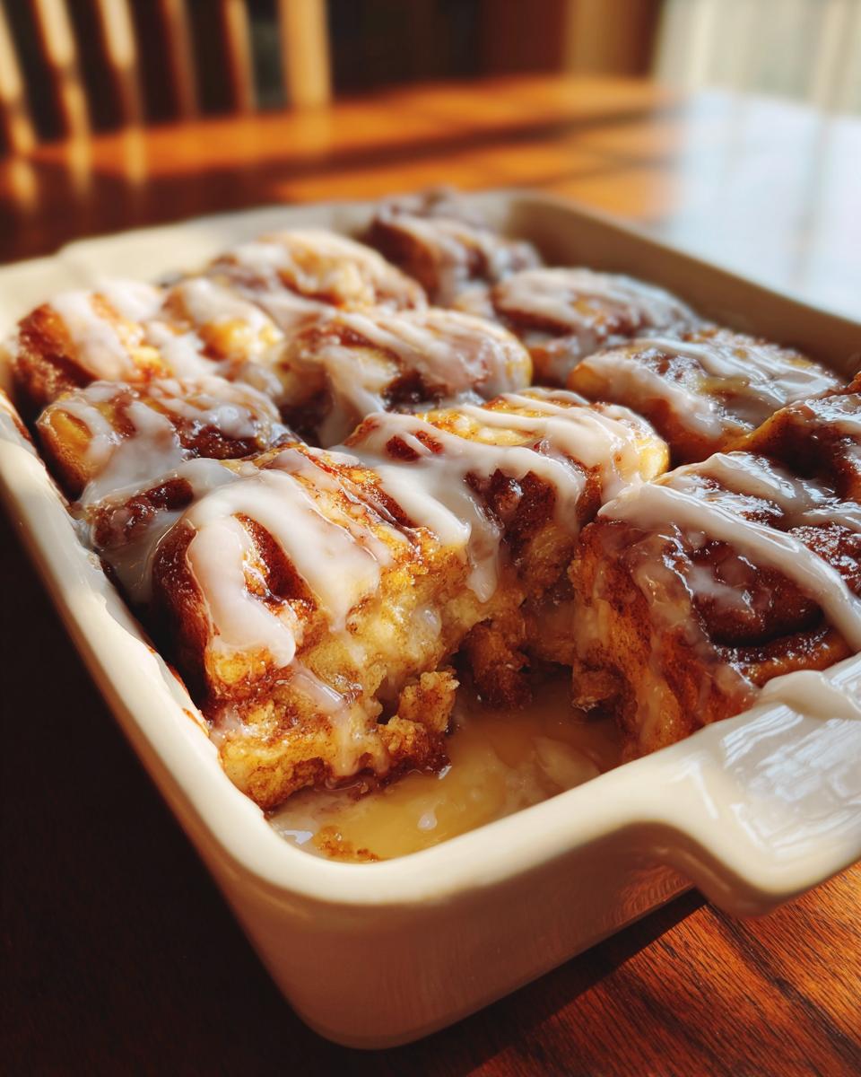 Close-up of freshly baked, gooey cinnamon roll bites topped with white icing in a baking dish.