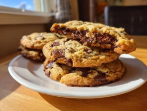 A stack of freshly baked homemade chocolate chip cookies, with the top cookie broken open to show melted chocolate.