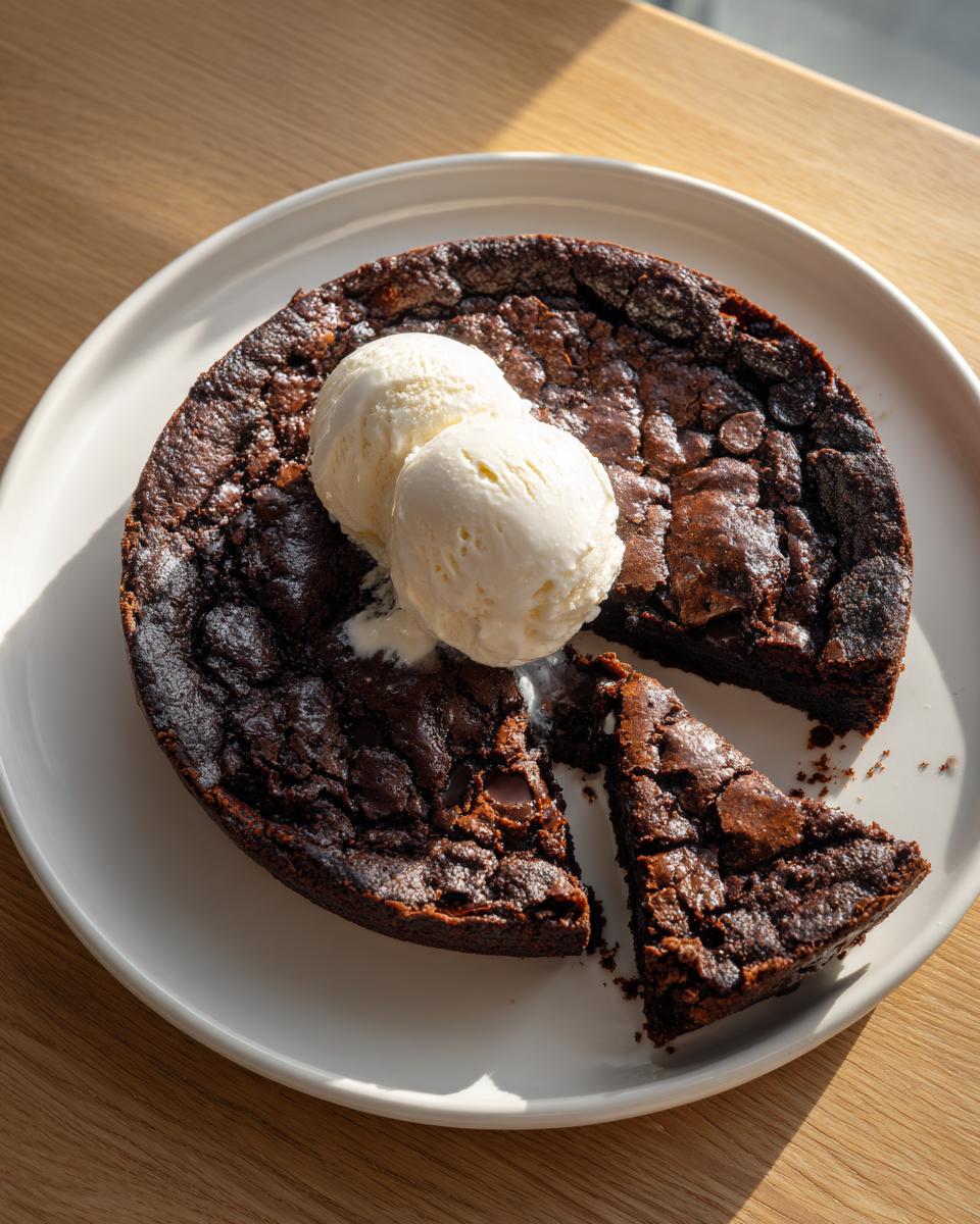A rich, dark chocolate hot fudge pie topped with two scoops of melting vanilla ice cream on a white plate.