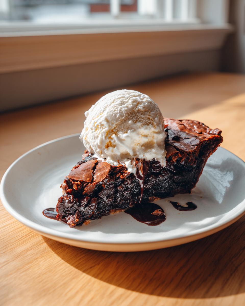 A decadent slice of hot fudge pie topped with a scoop of melting vanilla ice cream and drizzled with fudge sauce.