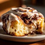 A close-up, mouthwatering shot of a single, freshly baked cinnamon roll dripping with white icing.
