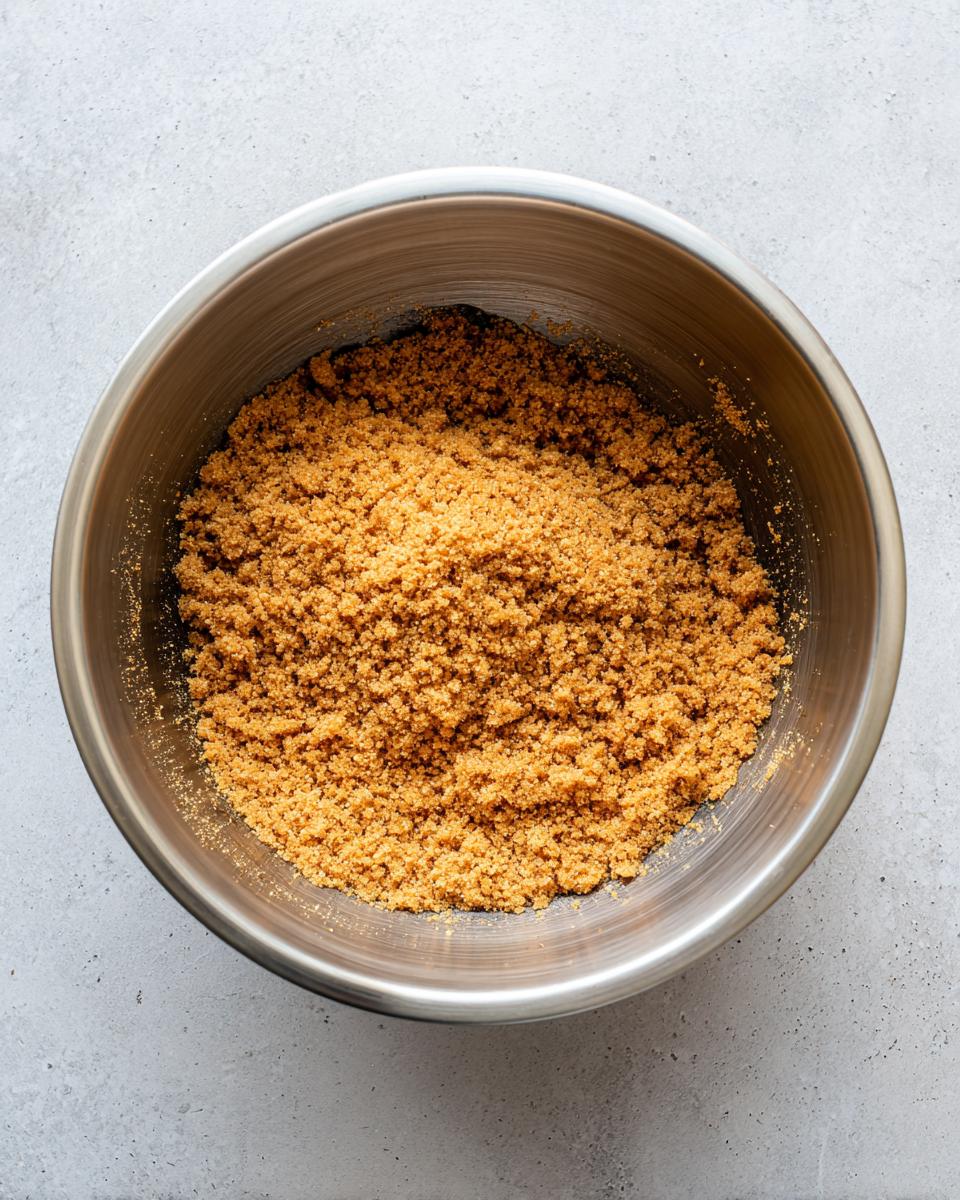 Overhead view of graham cracker crumbs mixed with butter in a stainless steel bowl for the key lime cheesecake crust.