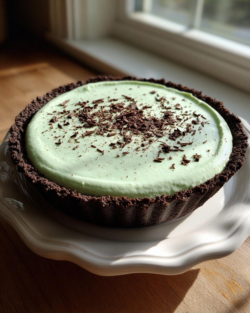 A whole grasshopper pie featuring a dark chocolate crust and light green mint filling topped with chocolate shavings.