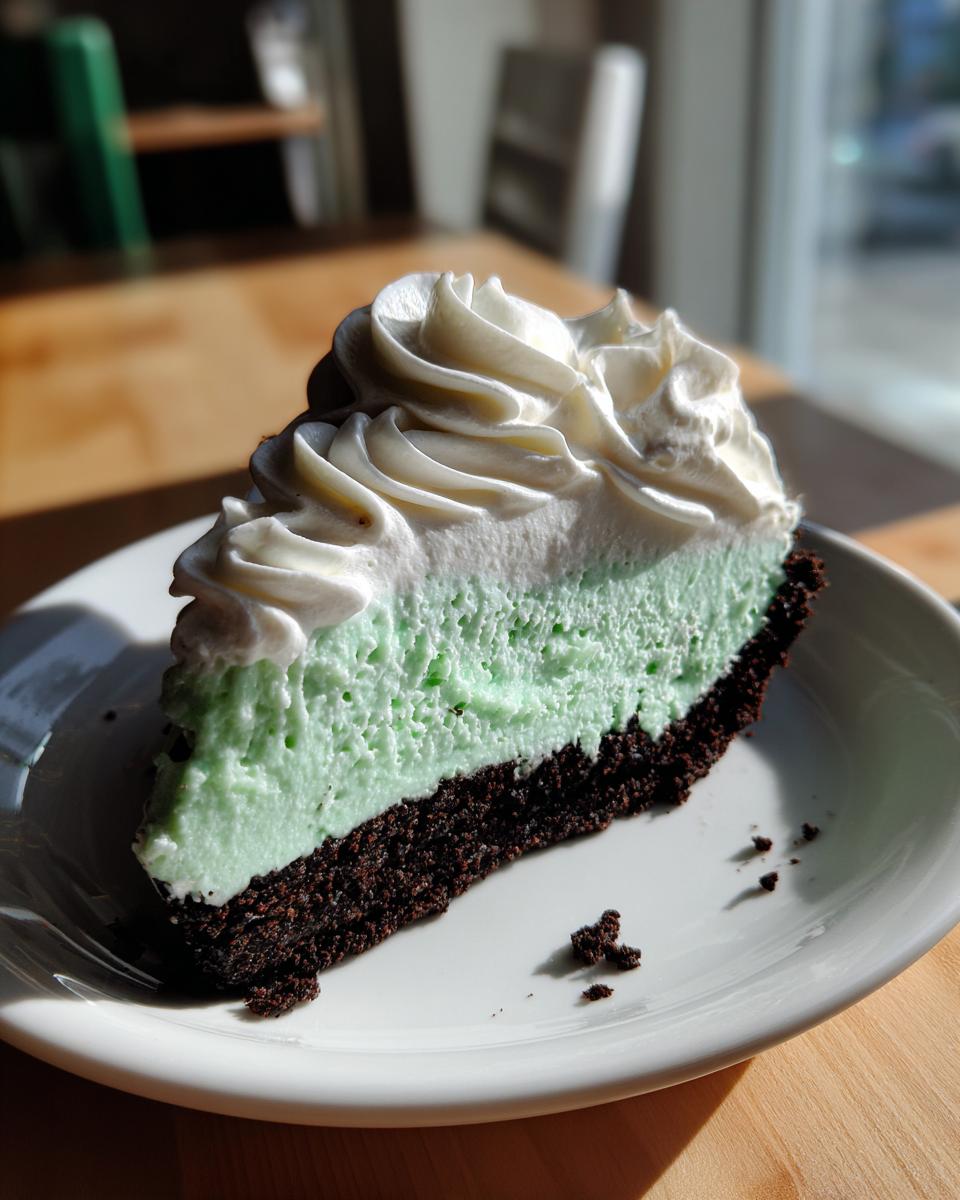 A single slice of bright mint green grasshopper pie featuring a dark chocolate crust and topped with piped white whipped cream.