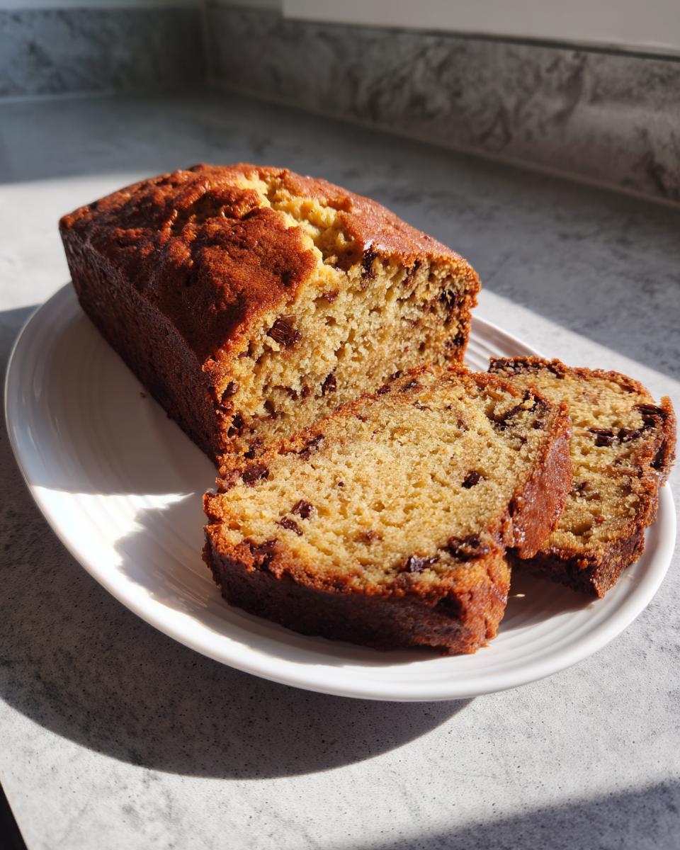 A loaf of freshly baked Greek yogurt banana bread, partially sliced, showing moist texture and chocolate chips.