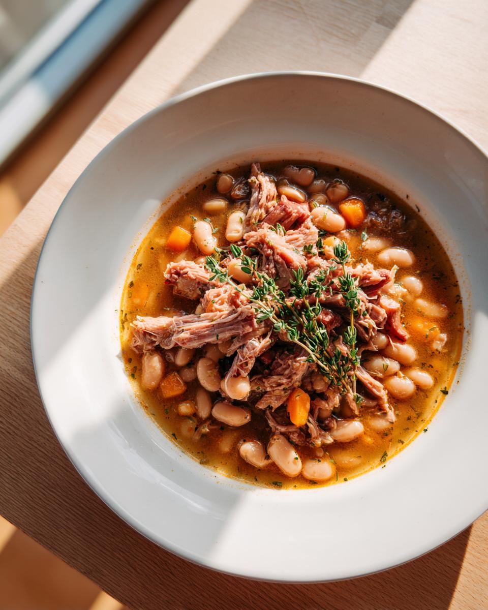 A close-up overhead shot of a white bowl filled with rich Ham and bean soup, topped with shredded ham and fresh thyme.