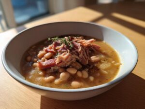 A close-up of a bowl of rich Ham and Bean Soup topped with shredded ham and fresh thyme.