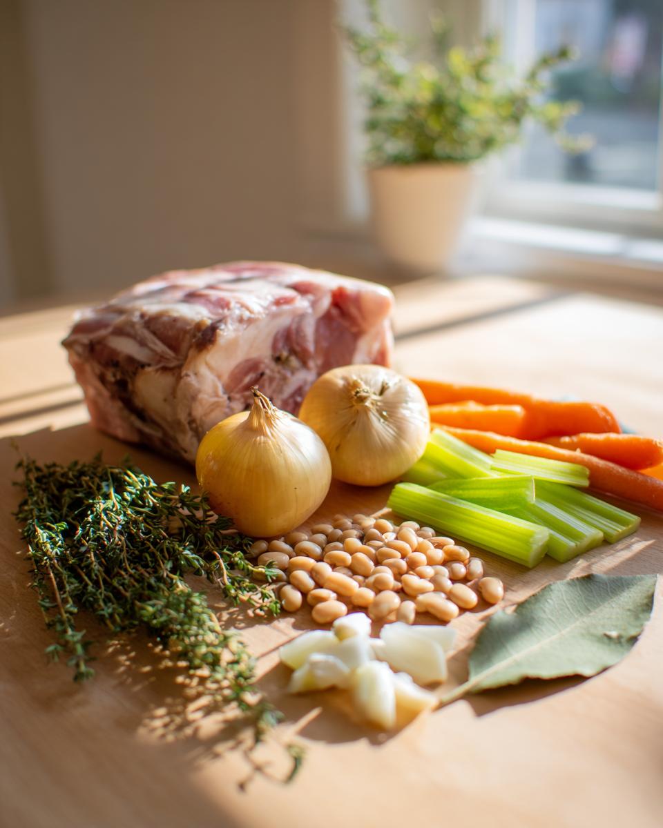 Raw ingredients including a ham hock, dried beans, carrots, celery, onions, and herbs for making Ham and bean soup.