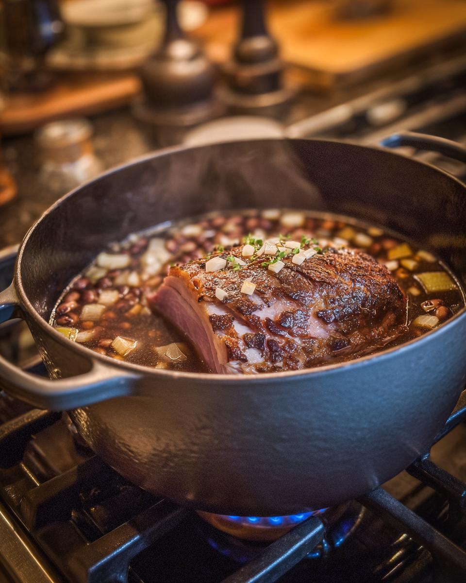 A ham hock simmers with black eyed peas and vegetables in a dark Dutch oven over a blue gas flame.