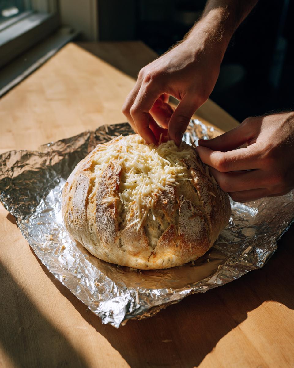 Hands sprinkling shredded cheese on top of a rustic loaf of homemade cheese bread on aluminum foil.
