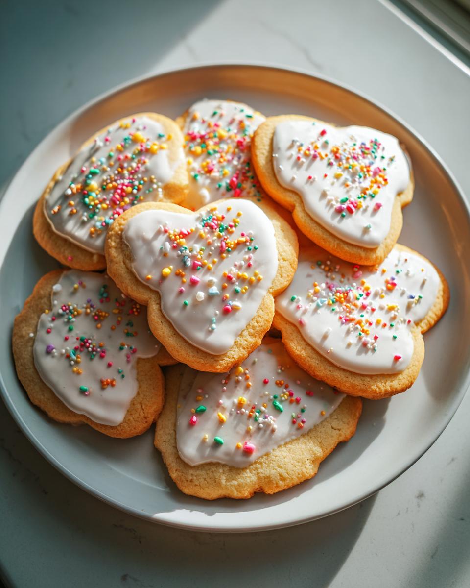 A plate of freshly baked, heart-shaped soft sugar cookies topped with thick white icing and colorful sprinkles.