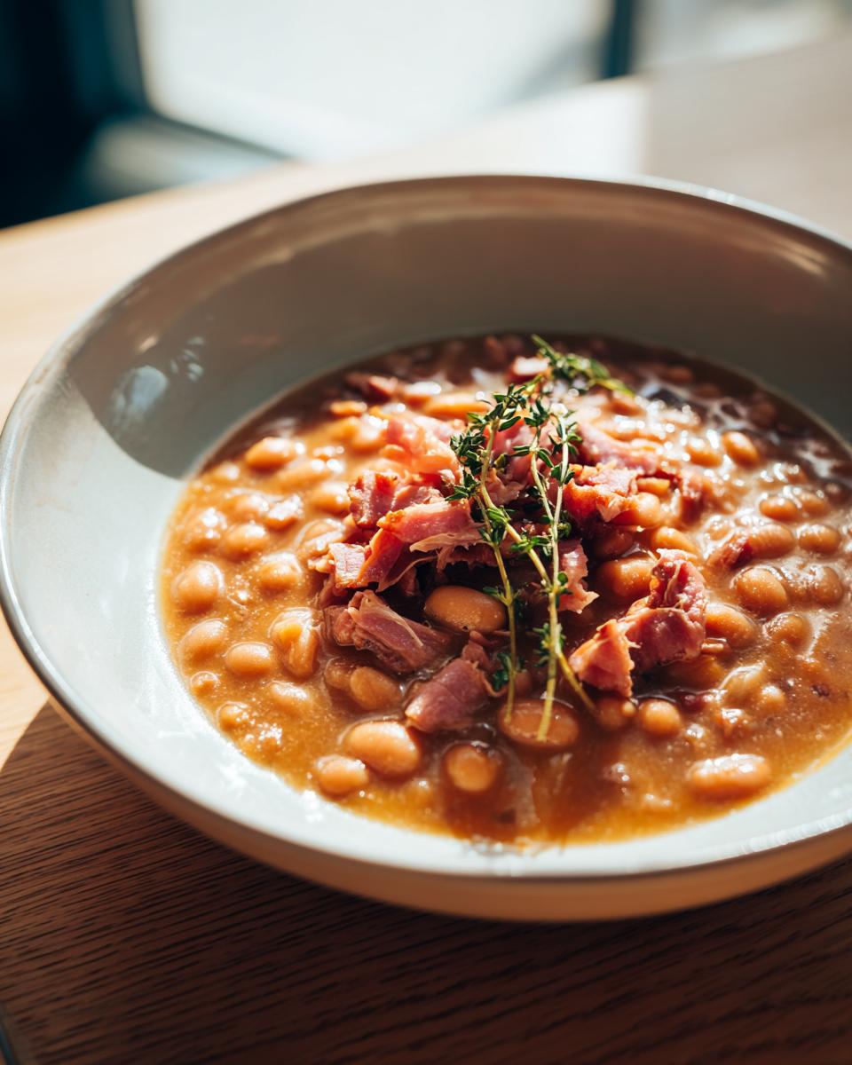 Close-up of a bowl of rich Ham and Bean Soup topped with shredded ham and fresh thyme sprigs.