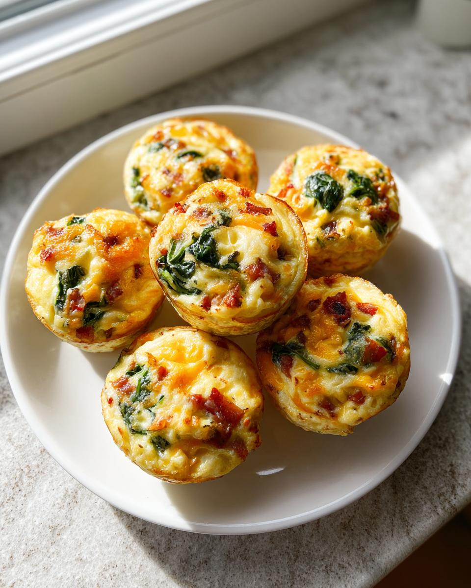 Six freshly baked, golden brown egg bites with visible spinach and bacon pieces, served on a white plate.