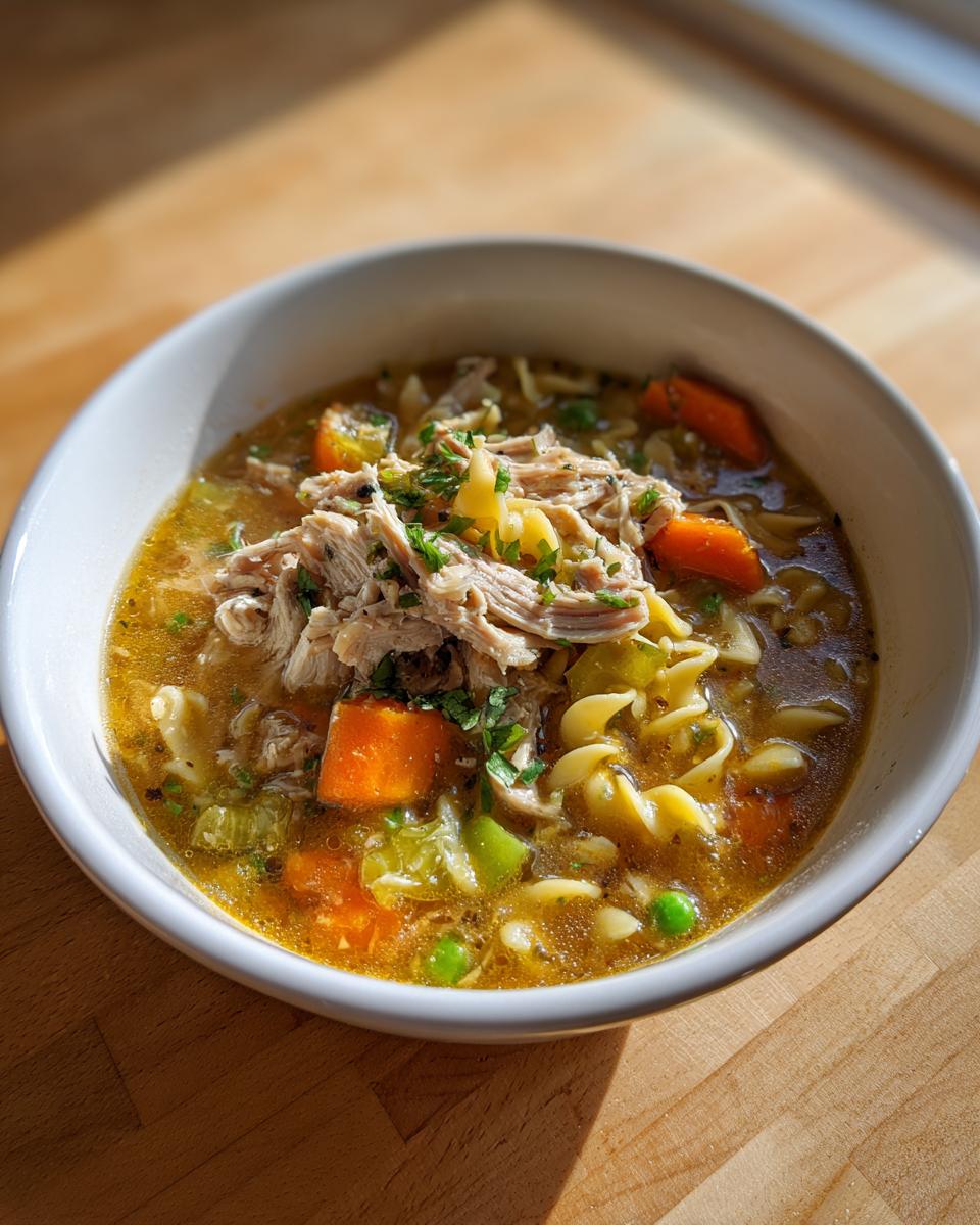 A close-up of a white bowl filled with rich, golden turkey soup, featuring shredded turkey, egg noodles, carrots, and herbs.