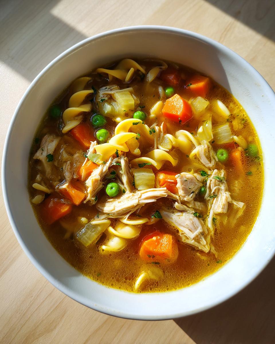 Close-up of a white bowl filled with rich, golden turkey soup featuring shredded turkey, carrots, peas, celery, and egg noodles.