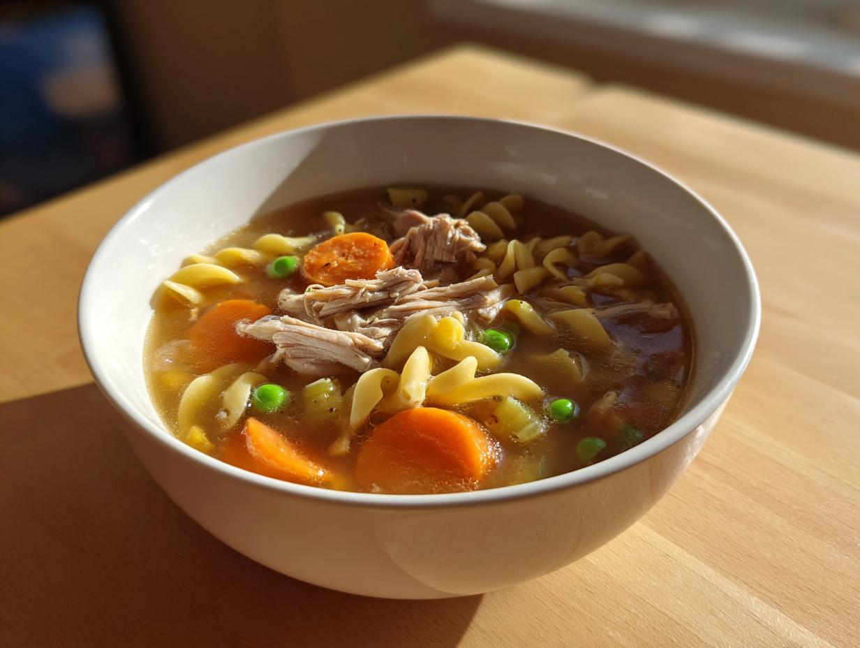A close-up of a white bowl filled with rich turkey soup, featuring shredded turkey, rotini pasta, carrots, and peas.