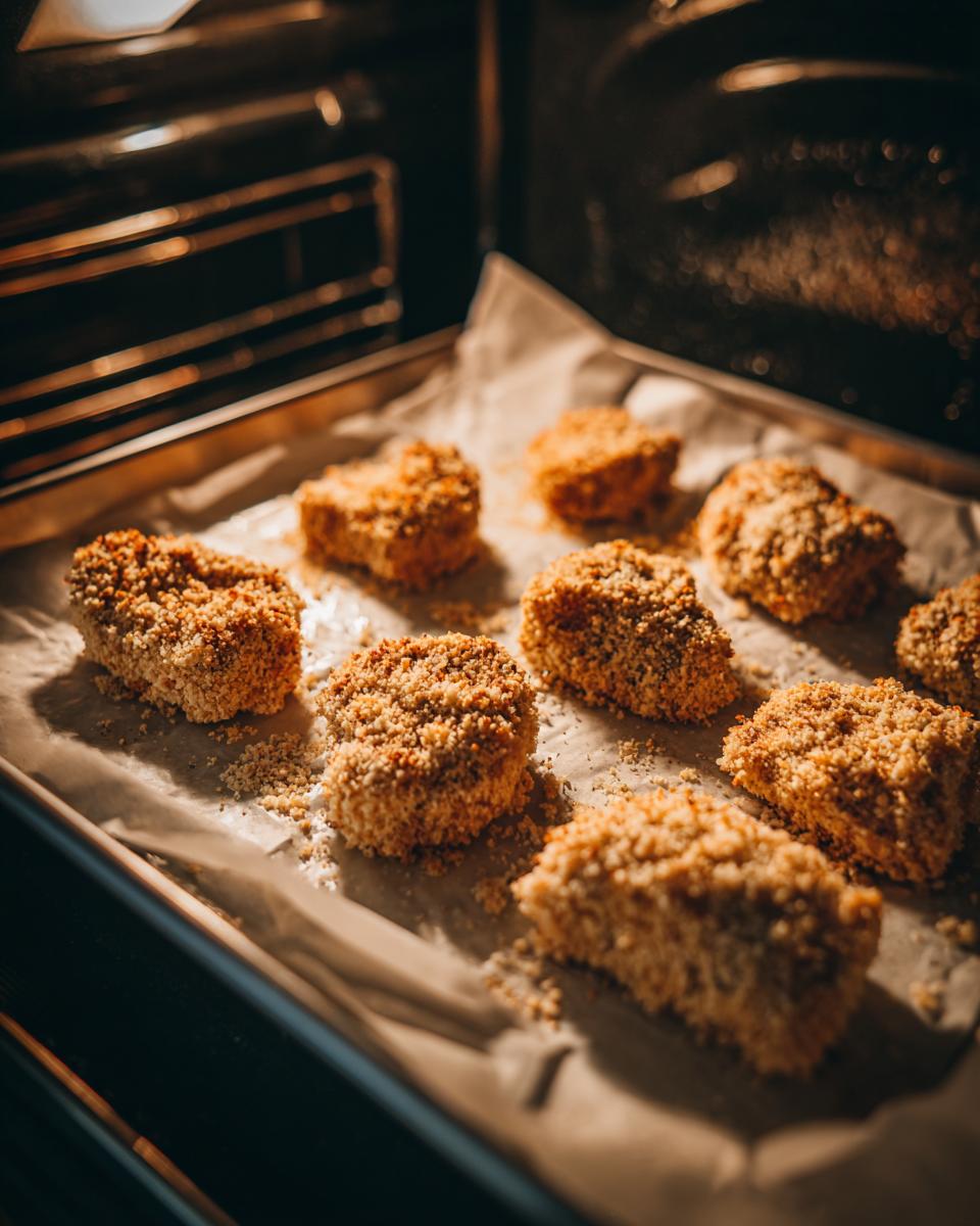 Close-up of several golden brown homemade chicken nuggets baking on parchment paper inside an oven.