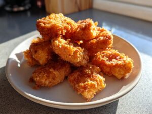 A pile of crispy, golden brown homemade chicken nuggets served on a small white plate in bright sunlight.