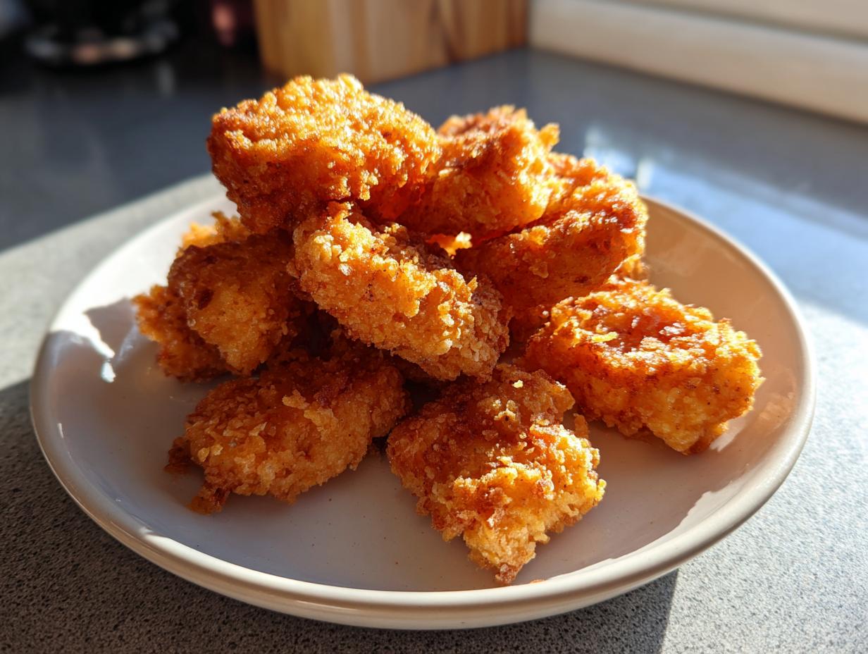 A pile of crispy, golden brown homemade chicken nuggets served on a small white plate in bright sunlight.