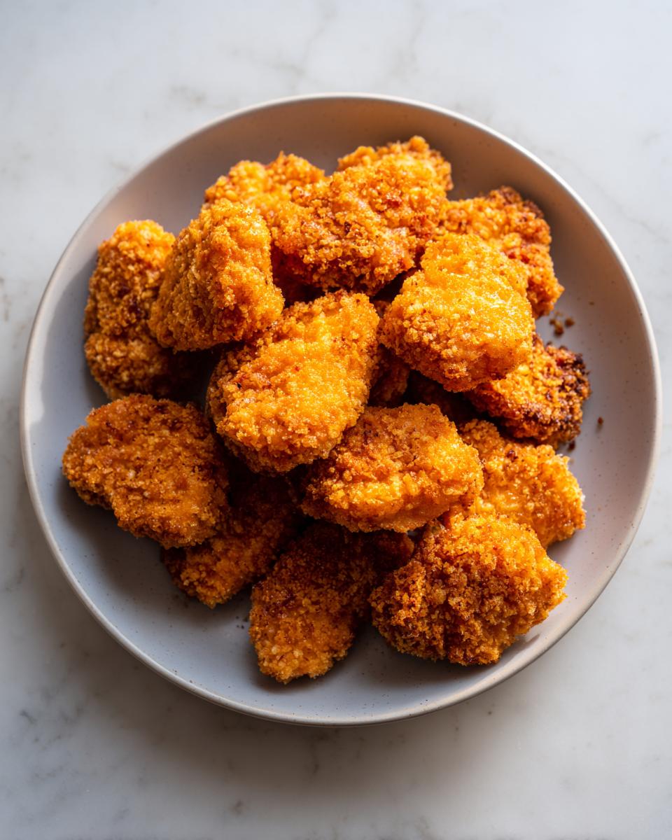 A pile of crispy, golden brown homemade chicken nuggets served on a light gray plate.