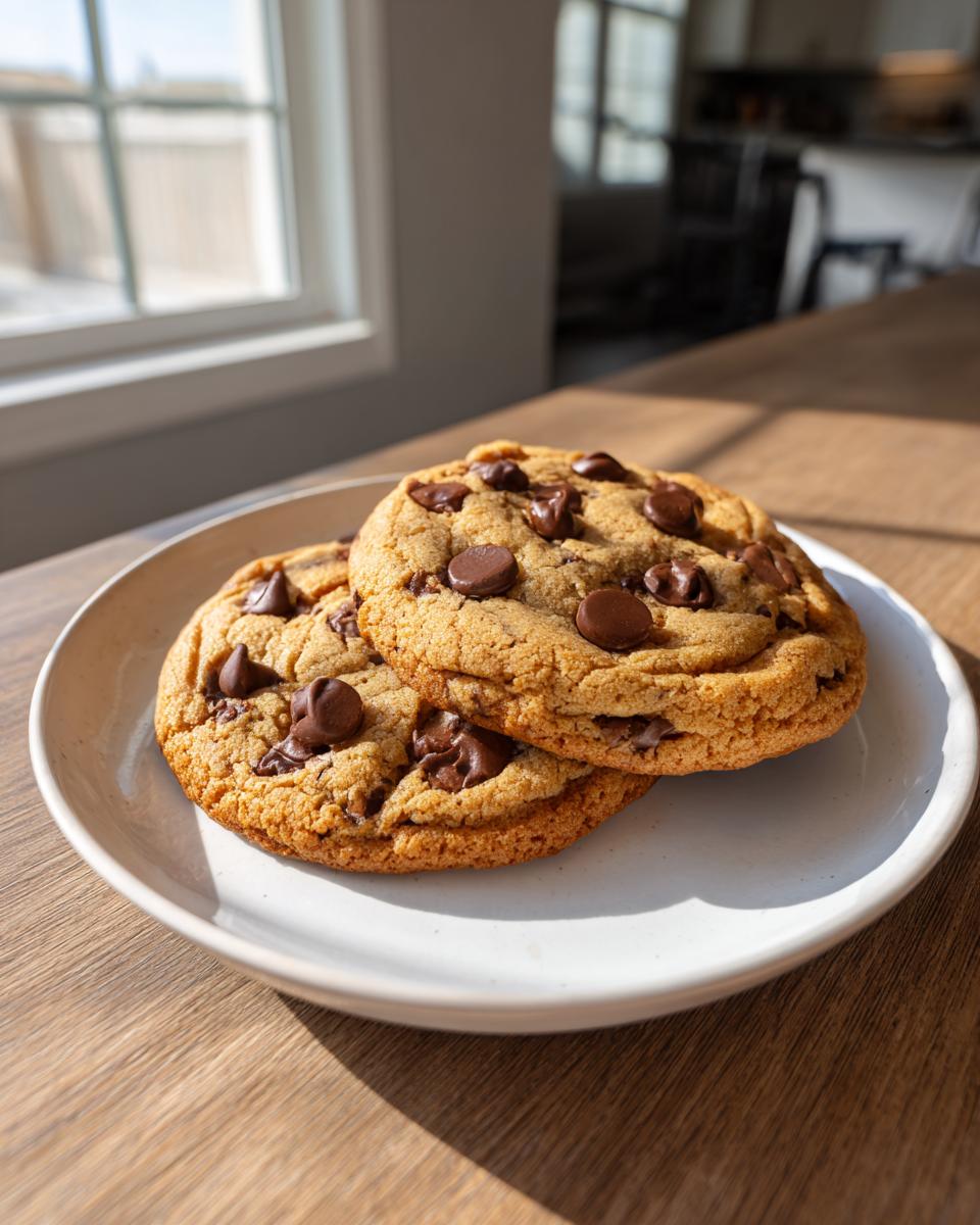 Two freshly baked homemade chocolate chip cookies stacked slightly on a light ceramic plate.