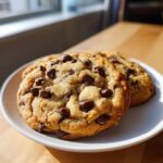 Two thick, golden-brown homemade chocolate chip cookies stacked slightly on a white plate, illuminated by sunlight.