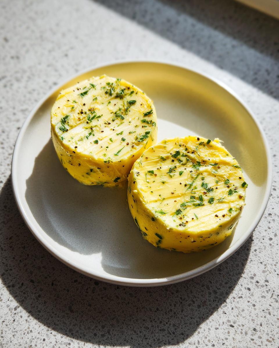 Two thick rounds of homemade garlic butter, speckled with herbs and pepper, resting on a small light-colored plate.