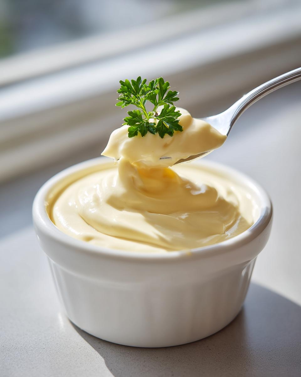 A spoonful of creamy homemade mayonnaise garnished with parsley, lifted from a white bowl.