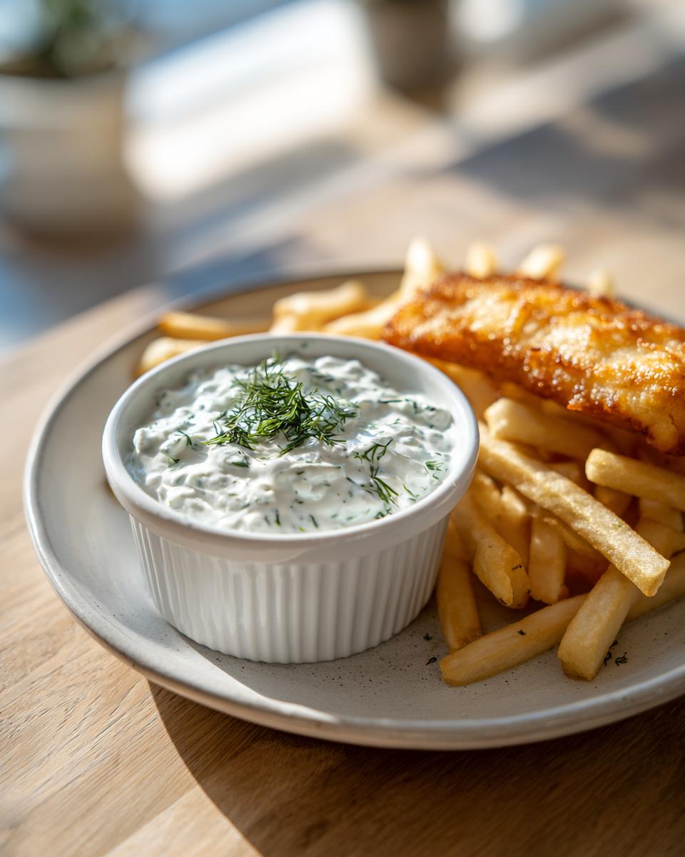 A white ramekin filled with homemade tartar sauce, topped with dill, served next to fish and chips.