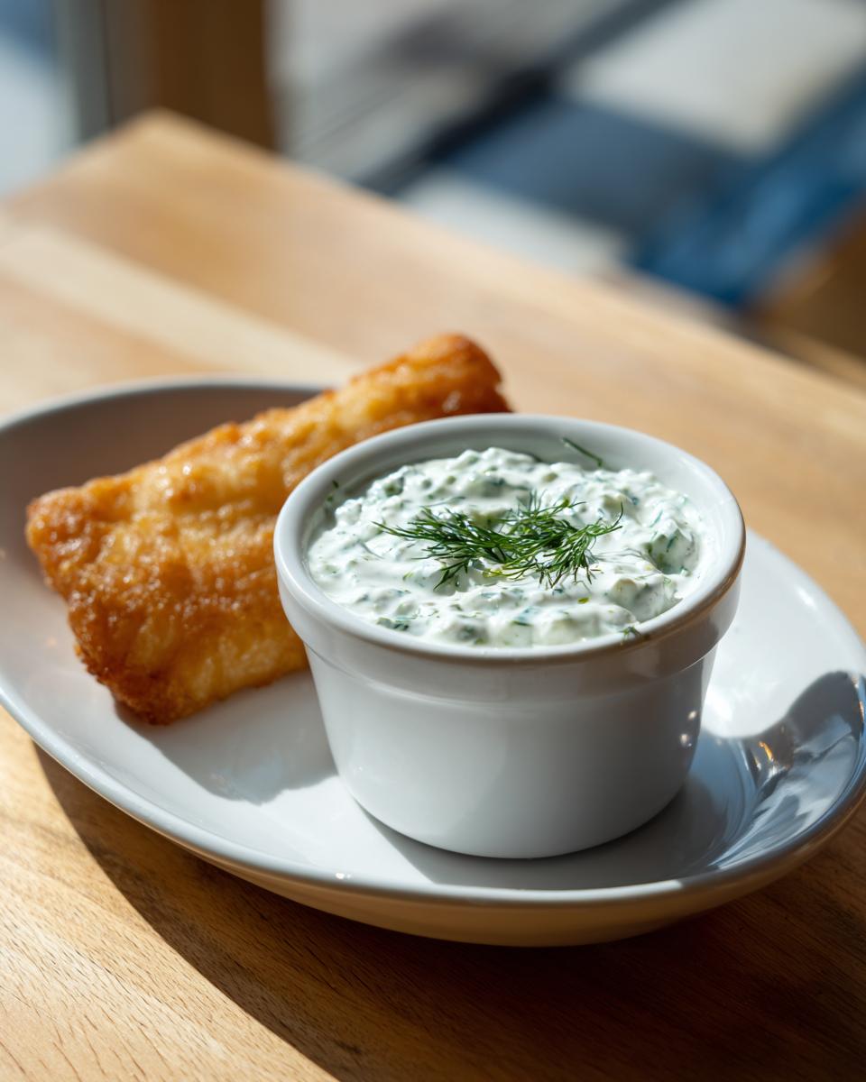A small white ramekin of creamy homemade tartar sauce topped with fresh dill next to a piece of golden fried fish.