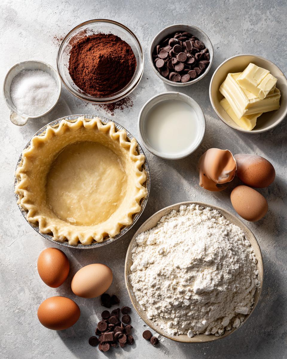 Overhead view of ingredients for hot fudge pie, including flour, eggs, chocolate chips, cocoa powder, butter, and an unbaked pie crust.