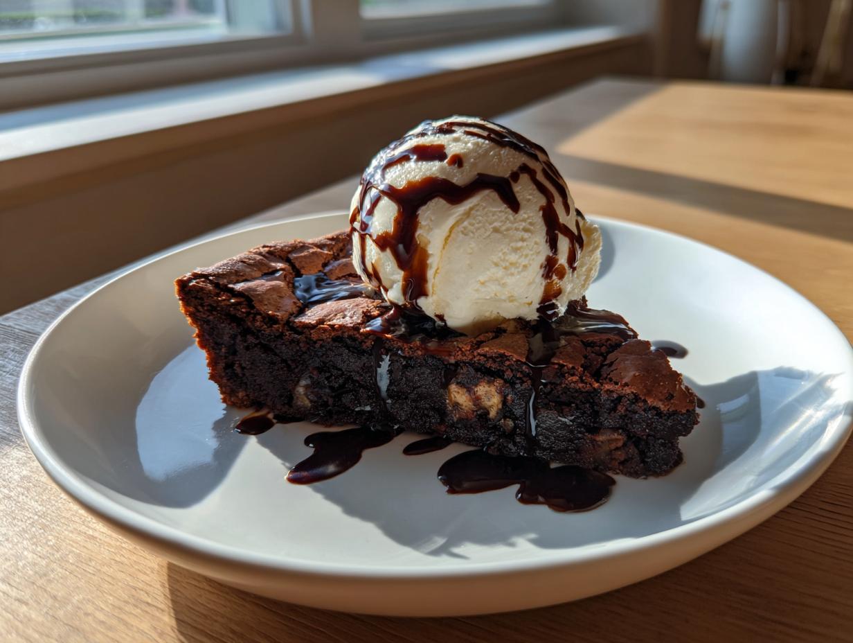 A rich slice of hot fudge pie topped with vanilla ice cream and drizzled with hot fudge sauce.