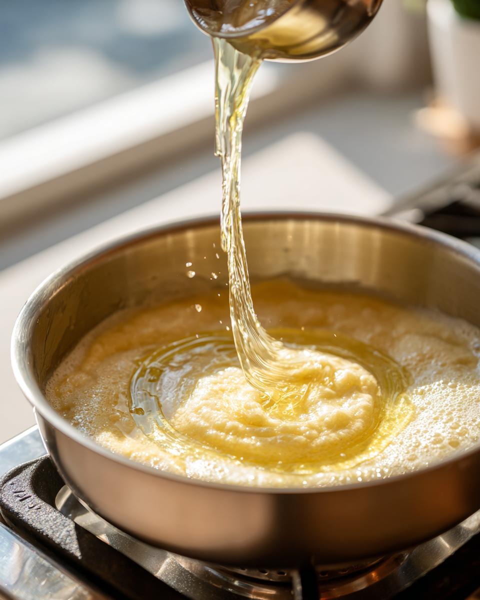 Pouring hot oil from a ladle into a pan for deep frying the funnel cake recipe batter.