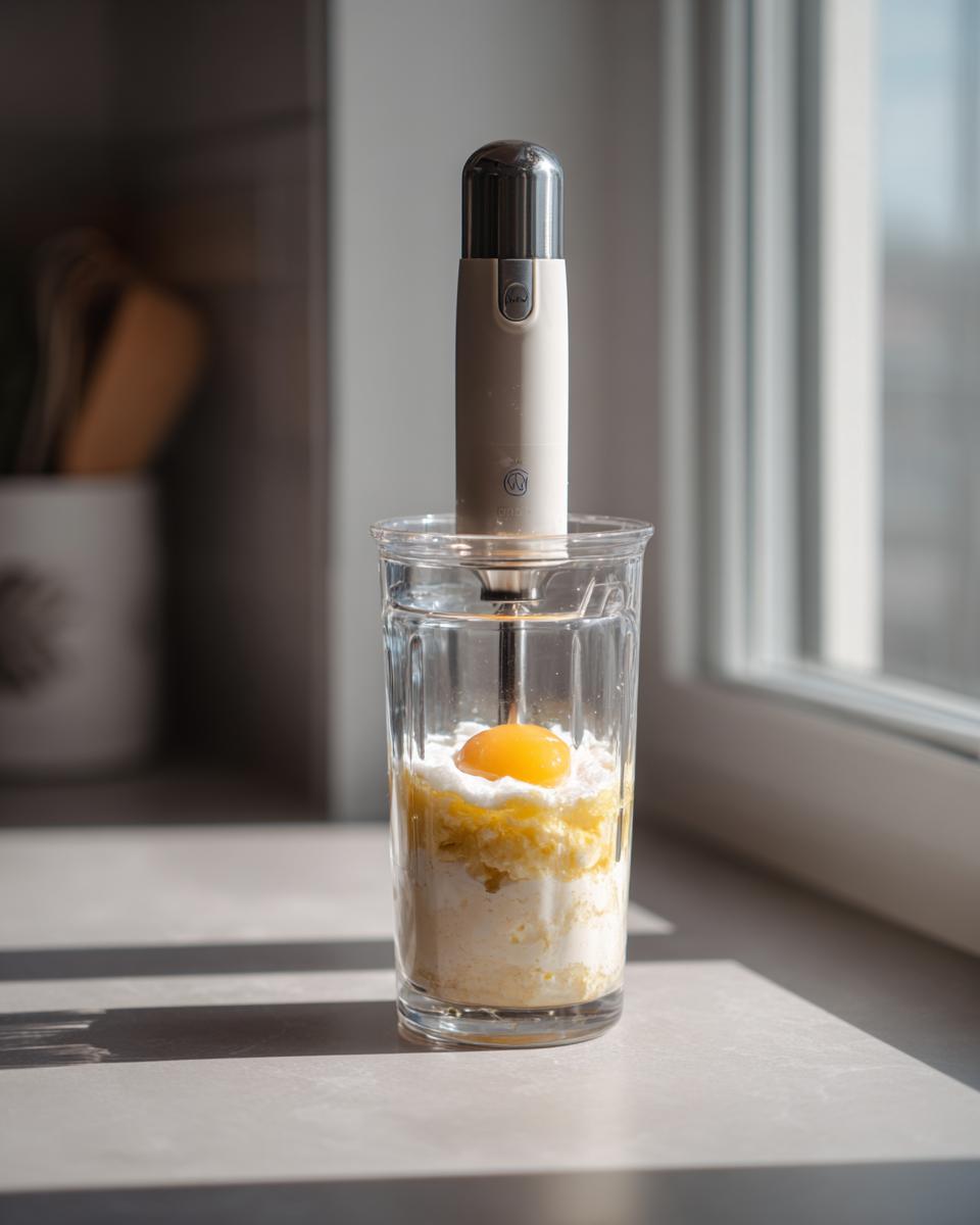 Immersion blender positioned over a glass containing ingredients for homemade mayonnaise, including an egg yolk on top of oil/base.