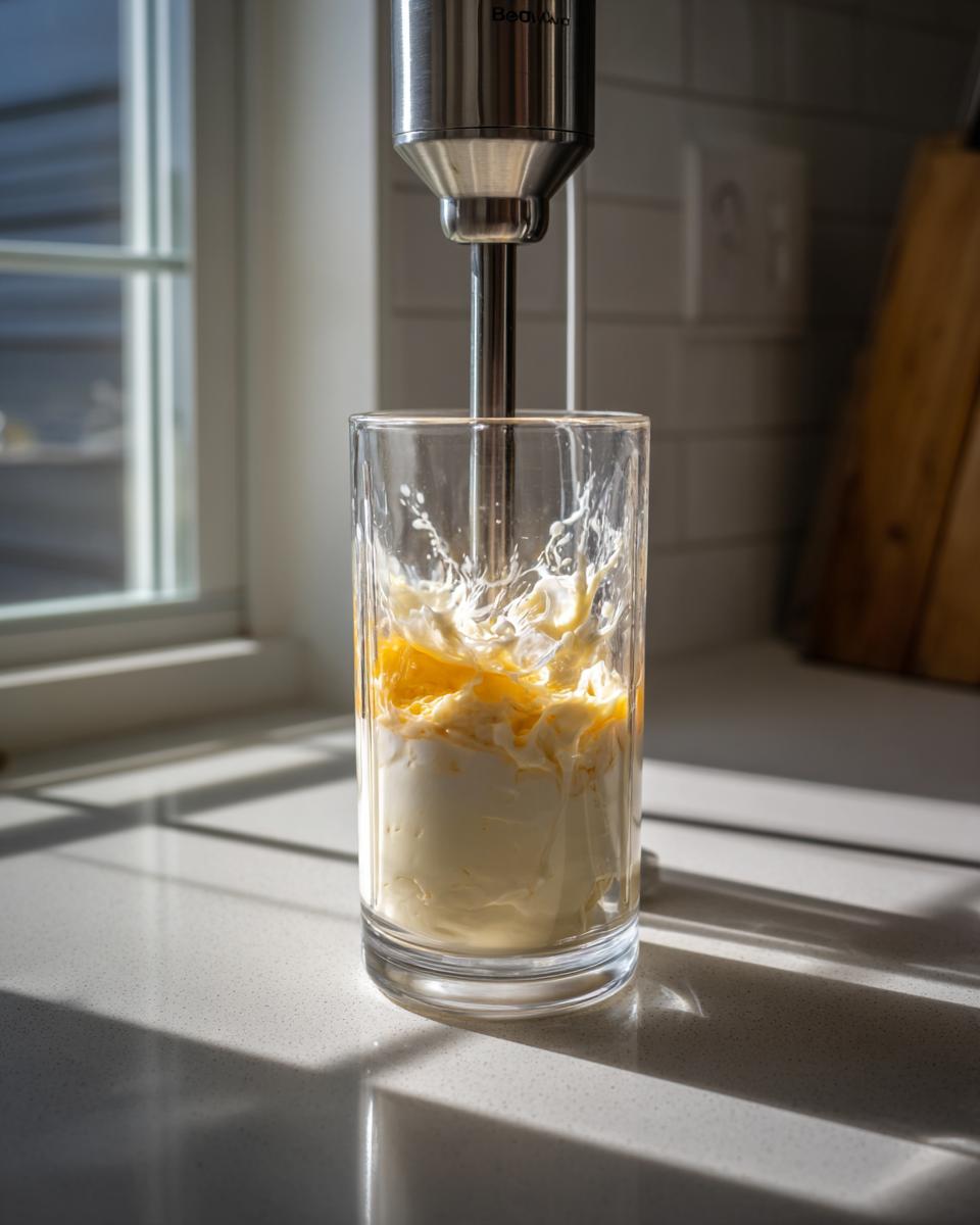 Immersion blender emulsifying ingredients to create homemade mayonnaise in a tall glass jar.