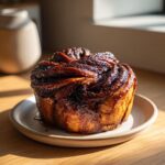A single serving of rich, glossy chocolate babka baked in a round mold, sitting on a small plate.