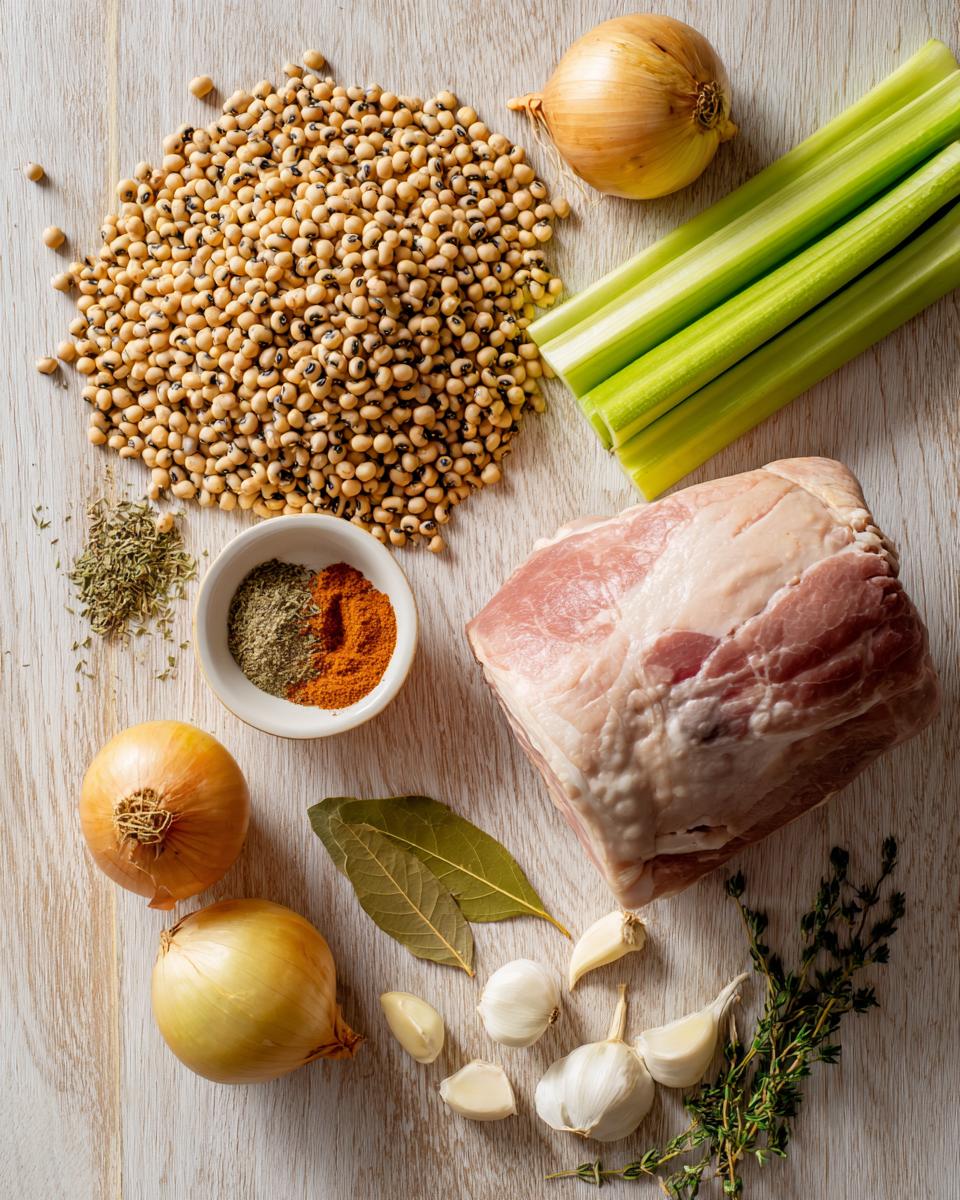 Overhead view of raw ingredients including dried black eyed peas, pork, onions, celery, garlic, and spices.