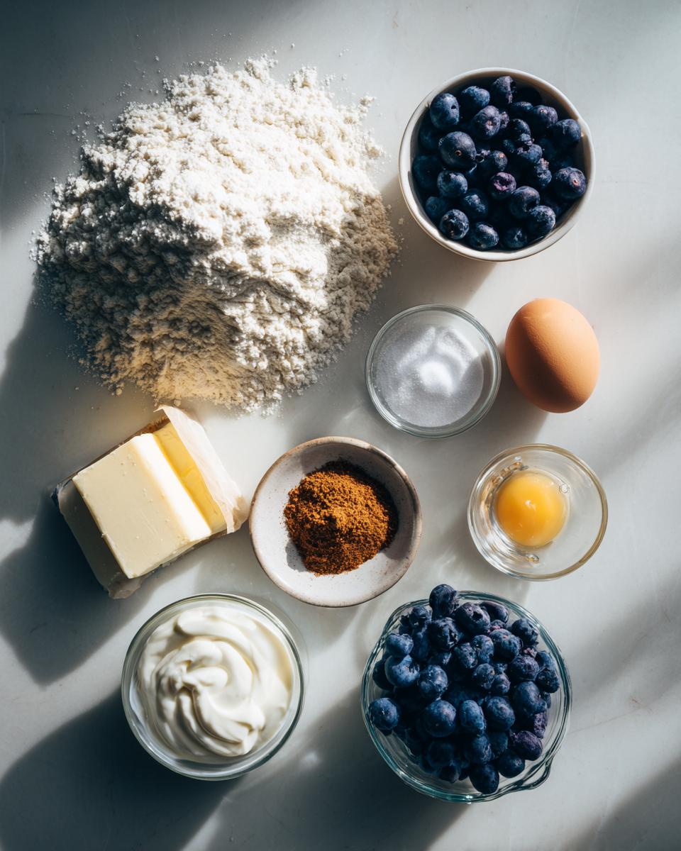 Overhead view of ingredients for blueberry muffins: flour, butter, yogurt, sugar, egg, spices, and fresh blueberries.