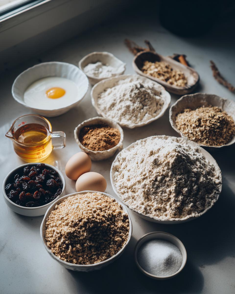 Mise en place of ingredients for bran muffins, including flour, bran, eggs, oil, sugar, and raisins.