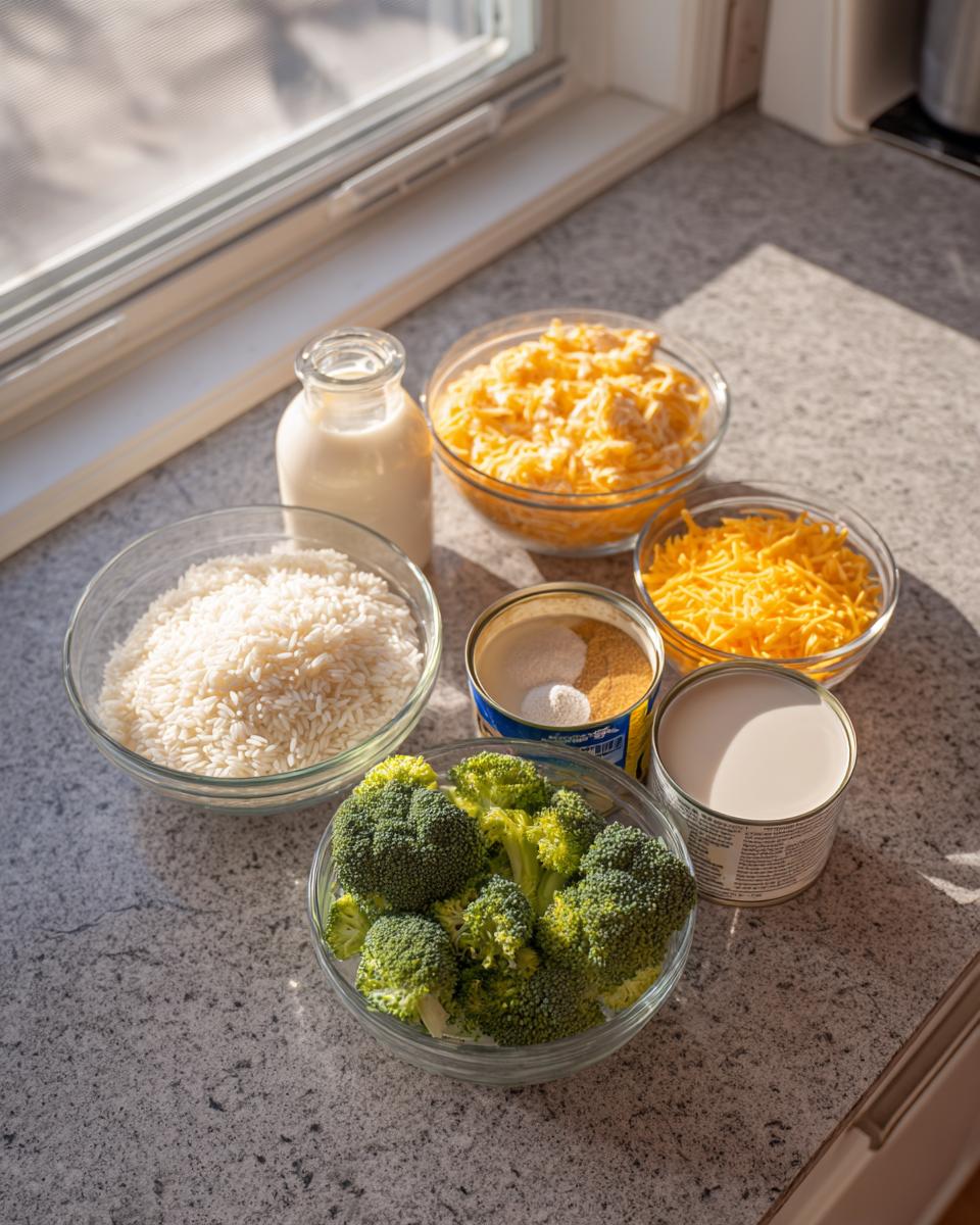 Ingredients laid out for cheesy chicken and rice, including rice, broccoli, shredded cheese, and milk.